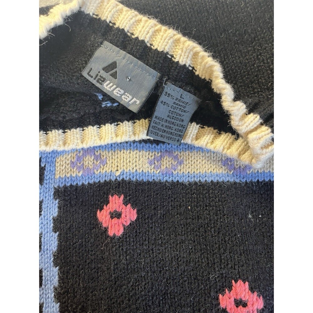 VTG 80’s 90’s Lizwear Liz Claiborne Sweater Embroidered Roses Women’s  Lg Black - Picture 7 of 13